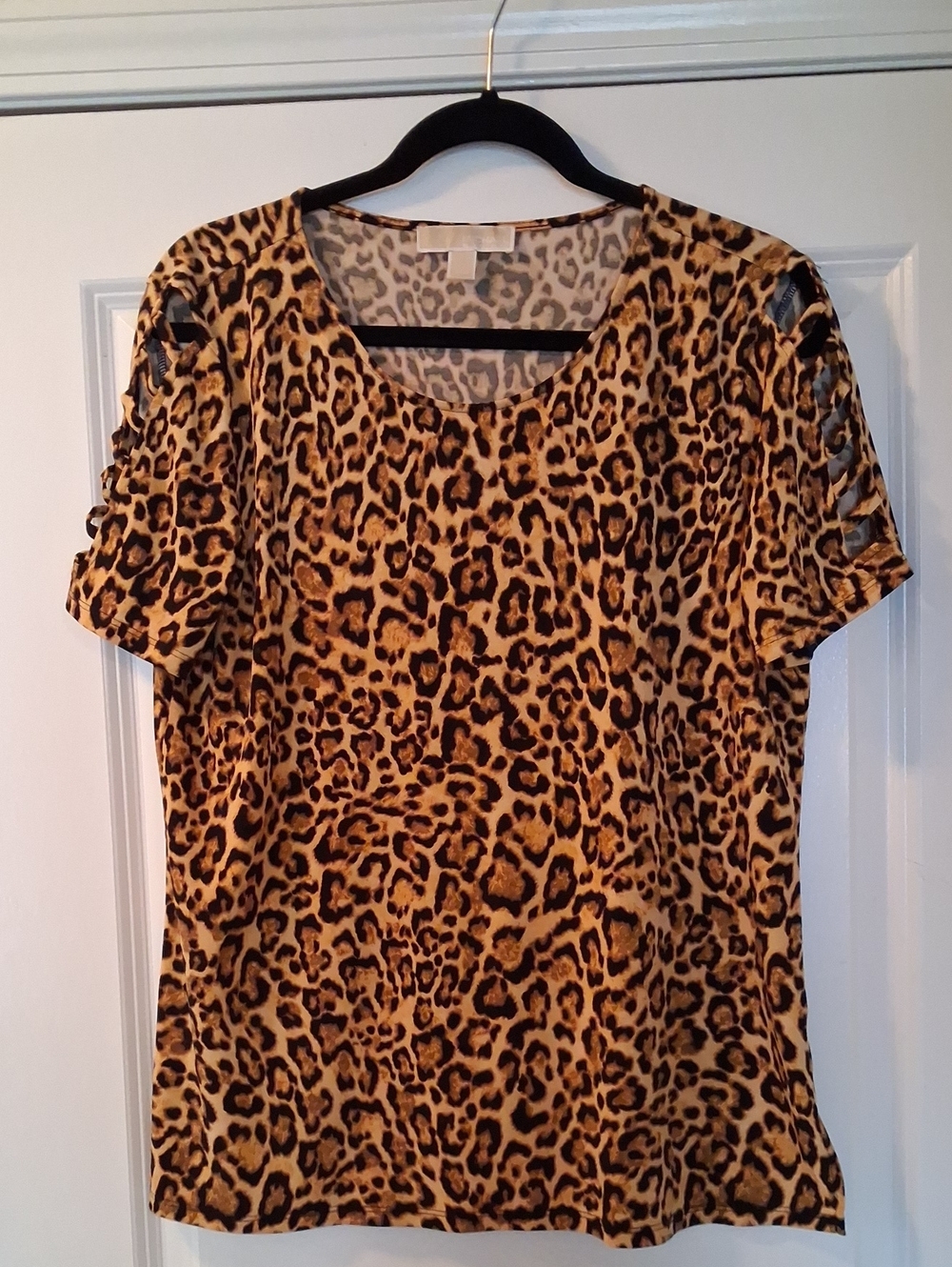 Michael Kors Leopard Print Short Sleeve Top in Tan and Black
